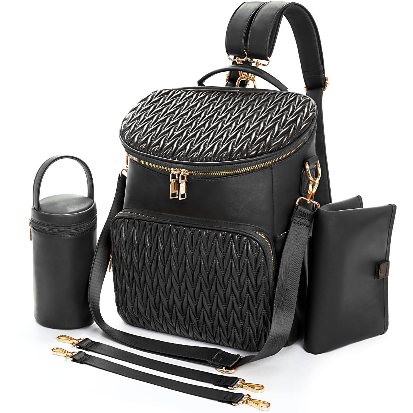 Minsong Diaper Bag Backpack, Fashion Leather Mommy Backpacks, Travel Baby Diaper Bags with in Bag Organizer and Changing Pad (Black-stripes)