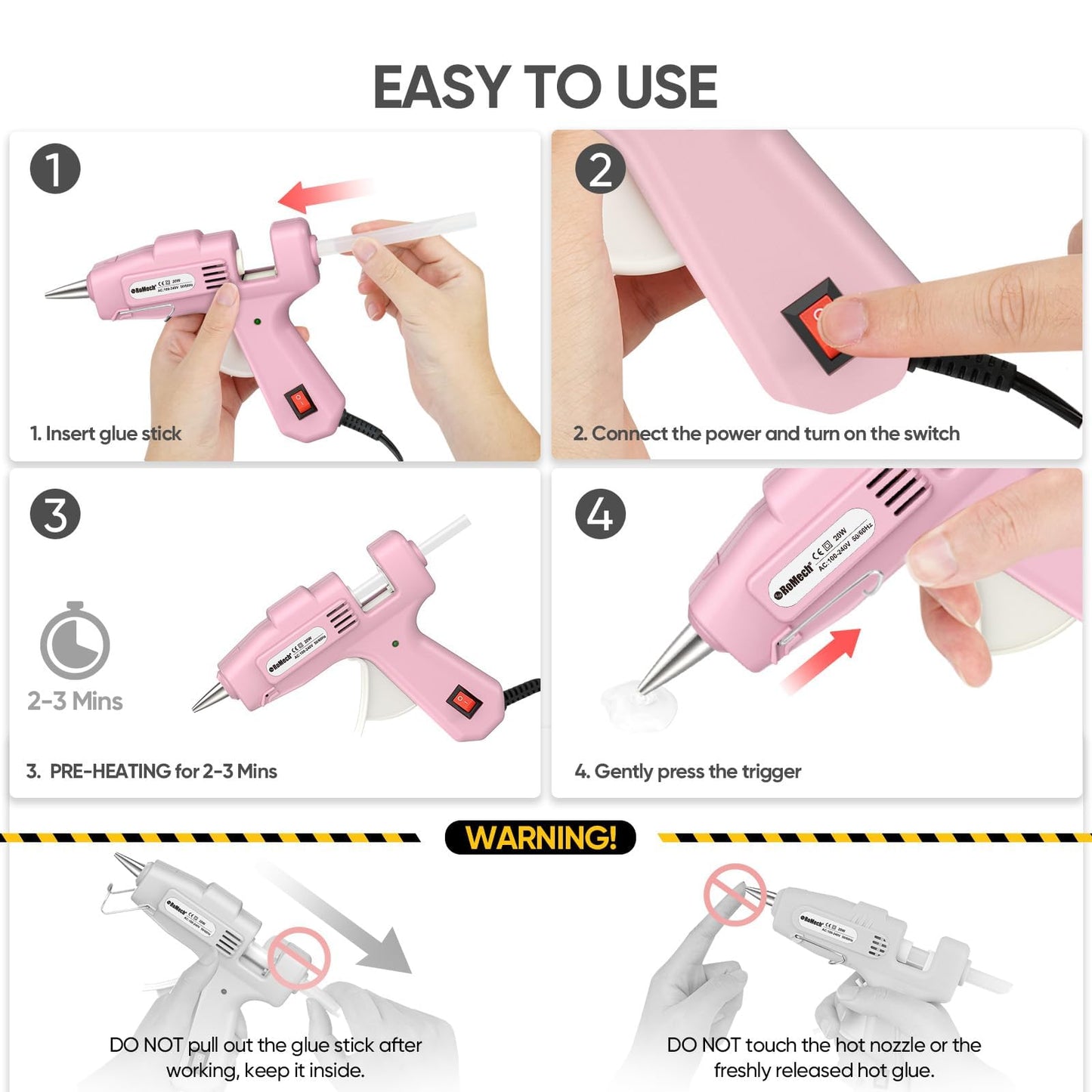 ROMECH 20W Mini Hot Glue Gun with 30 Glue Sticks Set, Fast Preheating Hot Glue Gun Kit Heavy Duty Gluegun for Craft, DIY, Repairs (Pink)