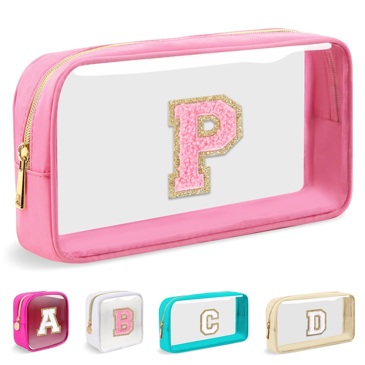 Small Clear Personalized Initial Makeup Bag, Preppy Nylon A-Z Chenille Letter Patch Makeup Organizer TSA Approved Travel Toiletry Bag,Waterproof Zip Beach Cosmetic Pouch Purse for Women(Pink-Pink P)