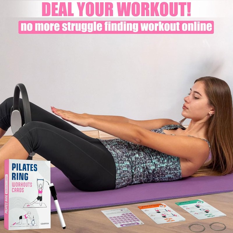 Pilates Ring Workout Cards - 58 Exercises & 4-Week Challenge | Includes 2 Rings & Mat for Home or Gym