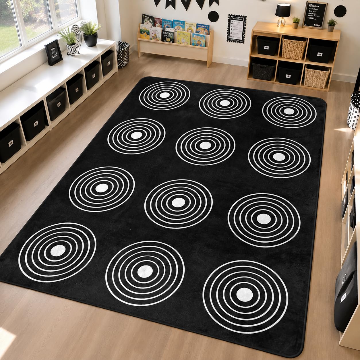 Kids Rug, Classroom Carpets Playmat Rugs - 5x7 Ft Kids Carpet with Rubber Backing, Circle Bullseye Abstract Children's Seating Rug Play Mat Nursery Rugs for Children Bedroom Playroom Elementary, Black