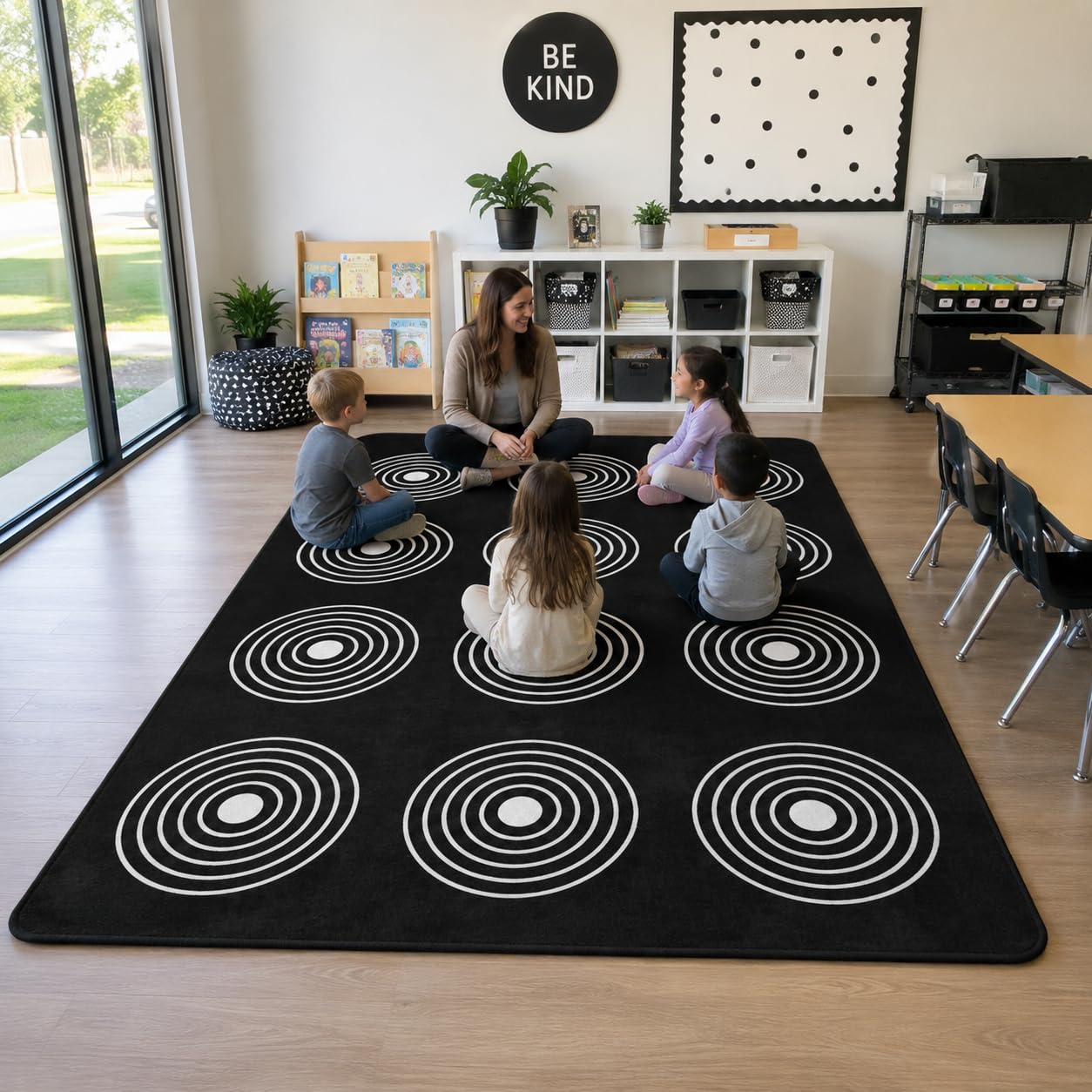 Kids Rug, Classroom Carpets Playmat Rugs - 5x7 Ft Kids Carpet with Rubber Backing, Circle Bullseye Abstract Children's Seating Rug Play Mat Nursery Rugs for Children Bedroom Playroom Elementary, Black