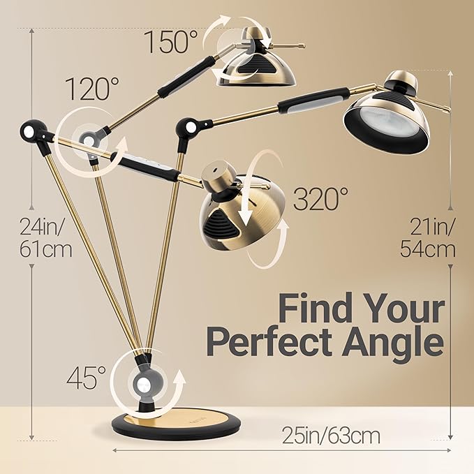 OTUS Brass Desk Lamp for Home Office | Gesture On/Off & Touch Control | Warm Dimmable Eye-Care LED Light 1500 Lux | Adjustable Swing Arm Metal Lamp for Work, Study & Decor