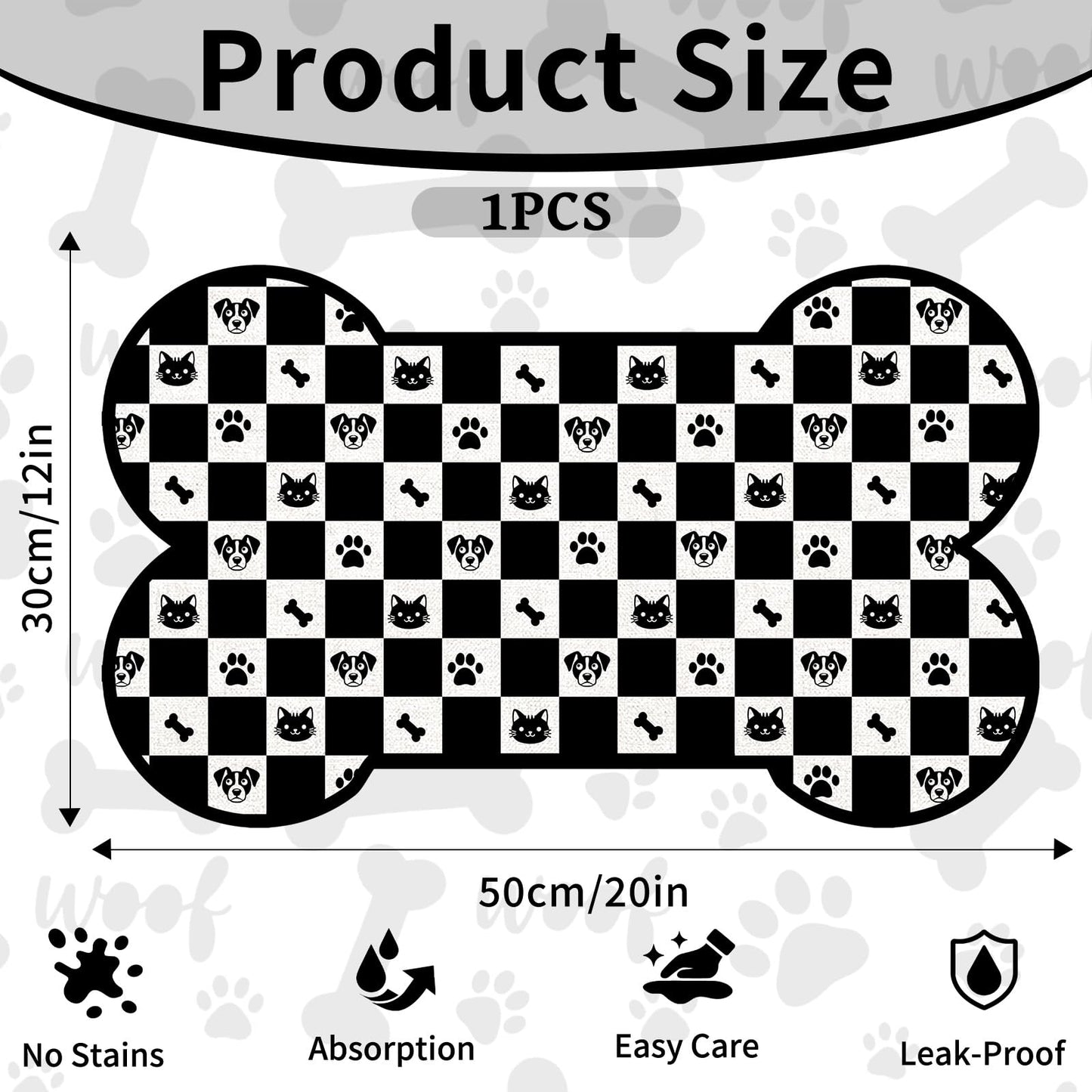 Pet Dog Cat Food Mat, Absorbent Bone Shaped Dog Bowl Mats for Food and Water, Non Slip Cute Footprint Dogs Cat Placemats Feeding Mat for Floors Puppy Pet Accessories Supplies 12"x20" Black White