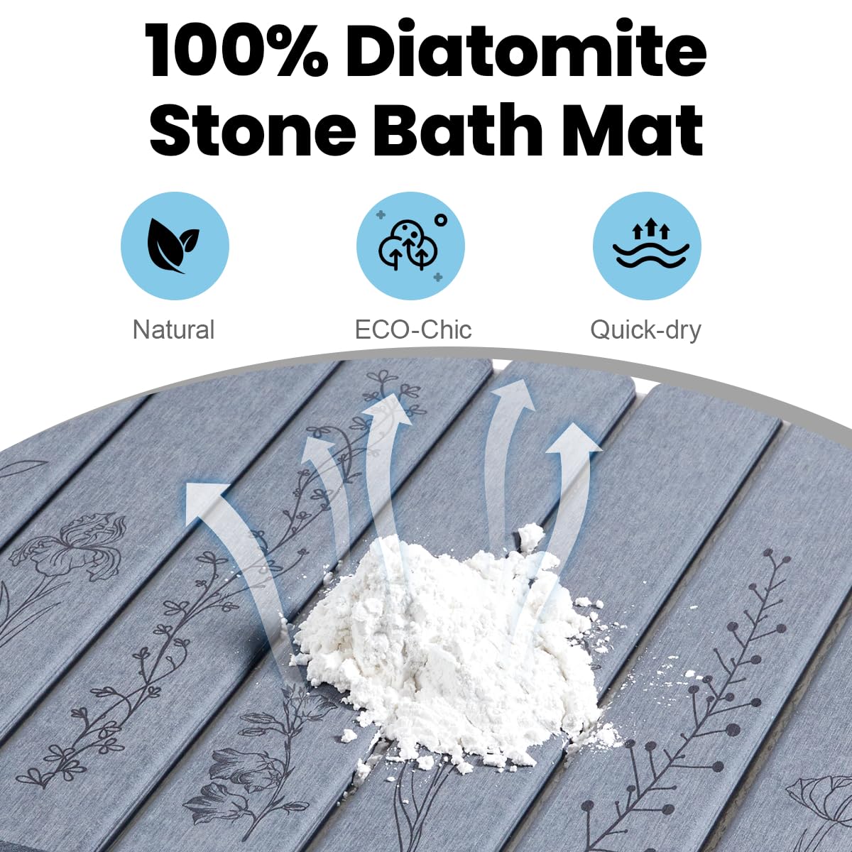 INFISIBLE Foldable Stone Bath Mat - 24x16, Super Absorbent Diatomaceous Earth Large Bath Mats for Bathroom, Quick Dry Non-Slip Stone Drying Mats for Kitchen Counter & Bathtub (Dark Gray Floral Decor)