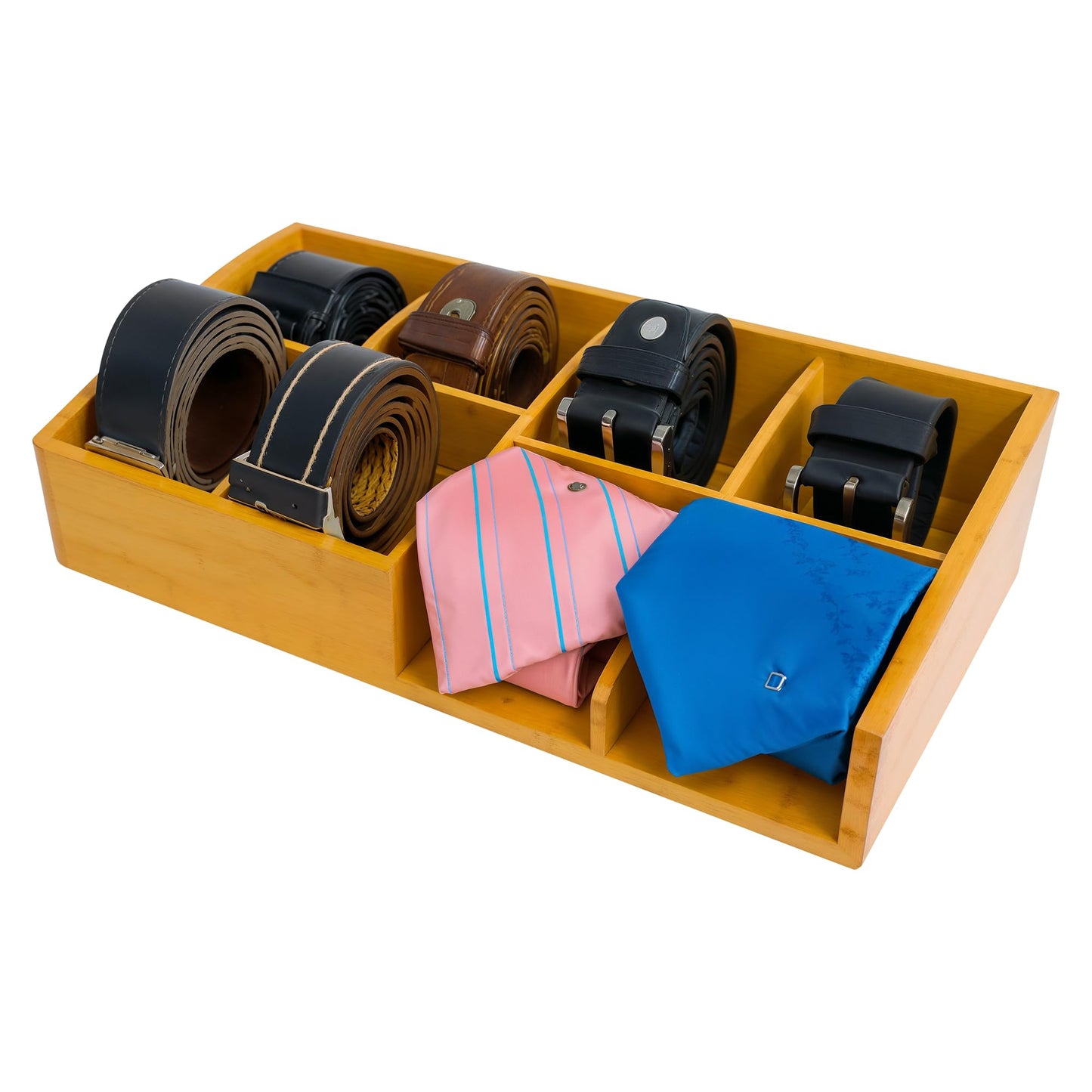 Belt Organizer for Closet and Drawer – 8 Compartments Bamboo Storage Box for Belts and Ties – Eco-Friendly Natural Bamboo