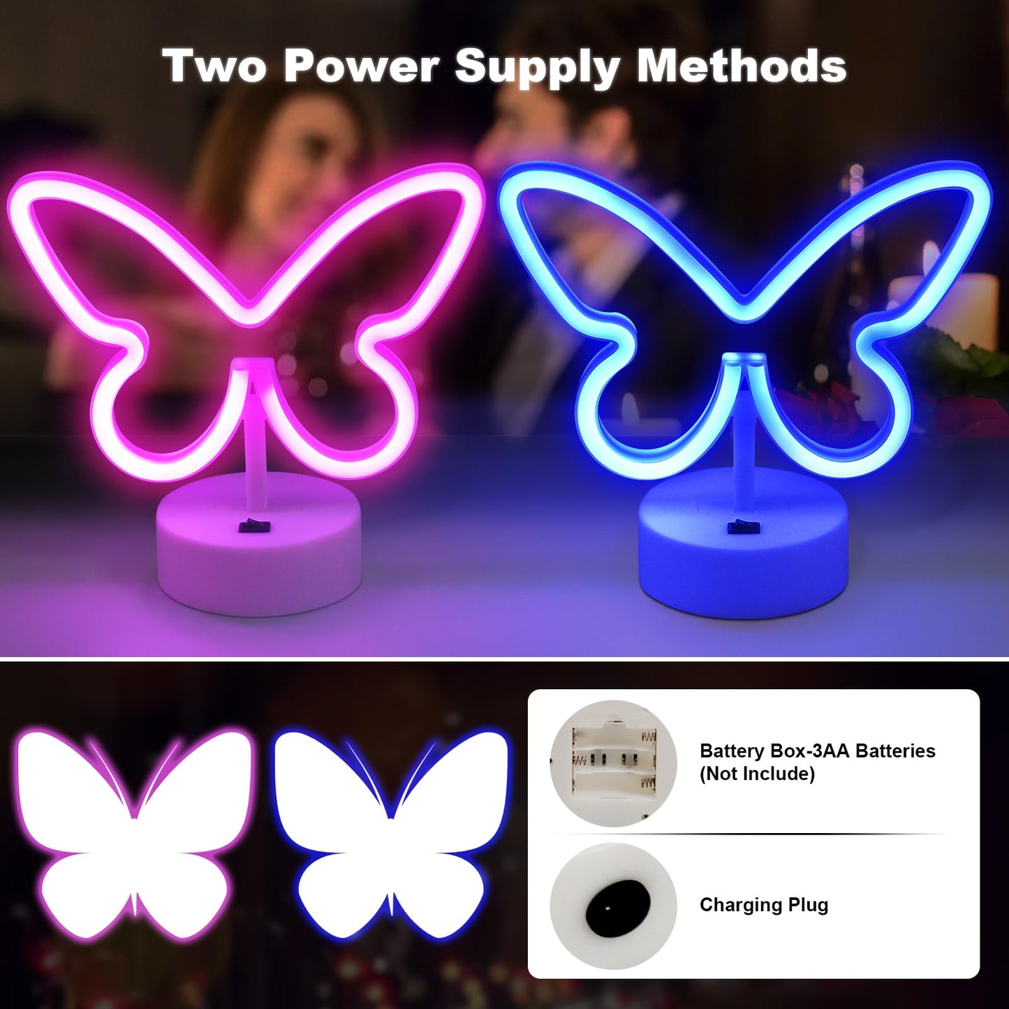 BRIGHTDECK 2 Pack Butterfly Neon Signs, LED Pink Butterfly Sign Battery or USB Powered Decoration Lamp, Neon Lights Heart Decor for Valentines Day, Bedroom, Wedding, Party, Pink Room Decor