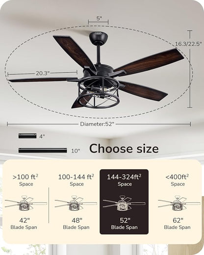 EDISHINE 52 Inch Farmhouse Ceiling Fans with Lights, Remote Control, 5 Wooden Blades, Dimmable, Timer, 6 Speeds Reversible DC Motor, Rustic Lighting & Ceiling Fan for Bedroom Living Room, UL Listed