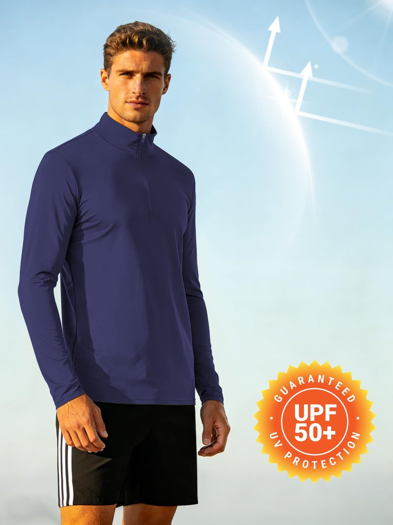 Mens Long Sleeve Shirts 1/4 Zip Pullover Sweatshirts UPF 50+ Sun Protection Wicking Moisture Dry Fit Lightweight Golf Workout Gym Running Casual Athletic Tops Navy Blue L