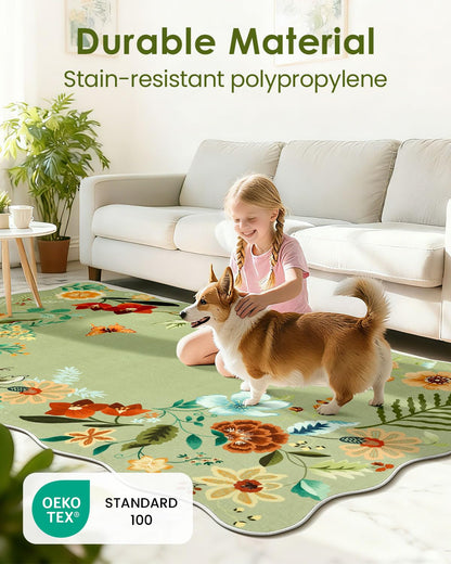 Asrug Scalloped Round Rug 3ft, 3’Green Round Area Floral Rug Low Pile Stain Resistant Non Slip Washable Circle Rugs for Living Kitchen Bedroom Nursery Entryway, Floral Soft Carpet