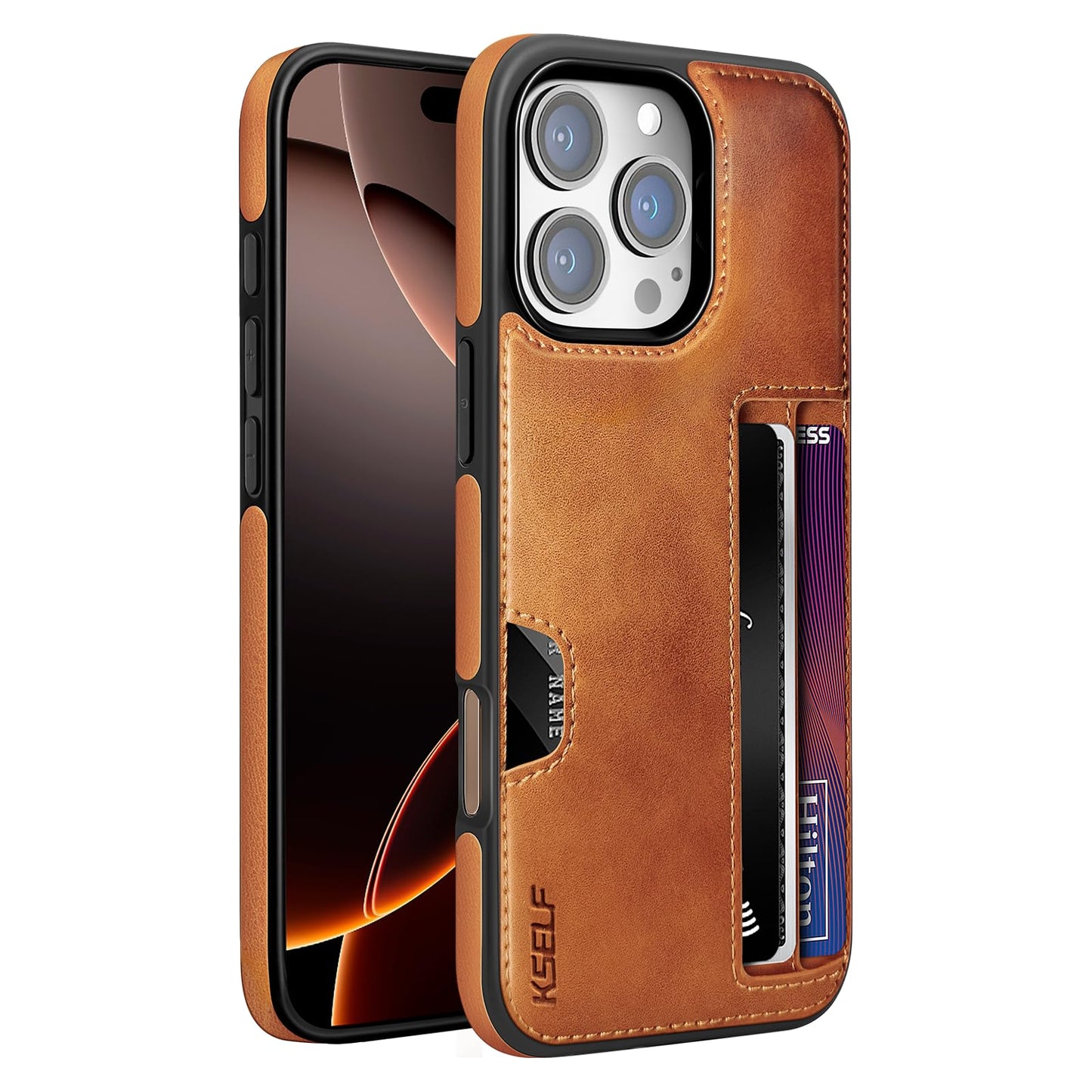 KSELF Leather Case for iPhone 16 Pro Max with Card Holder Soft Leather Wallet Case, Protective Slim Shockproof Phone Cover for Man Women (Brown)