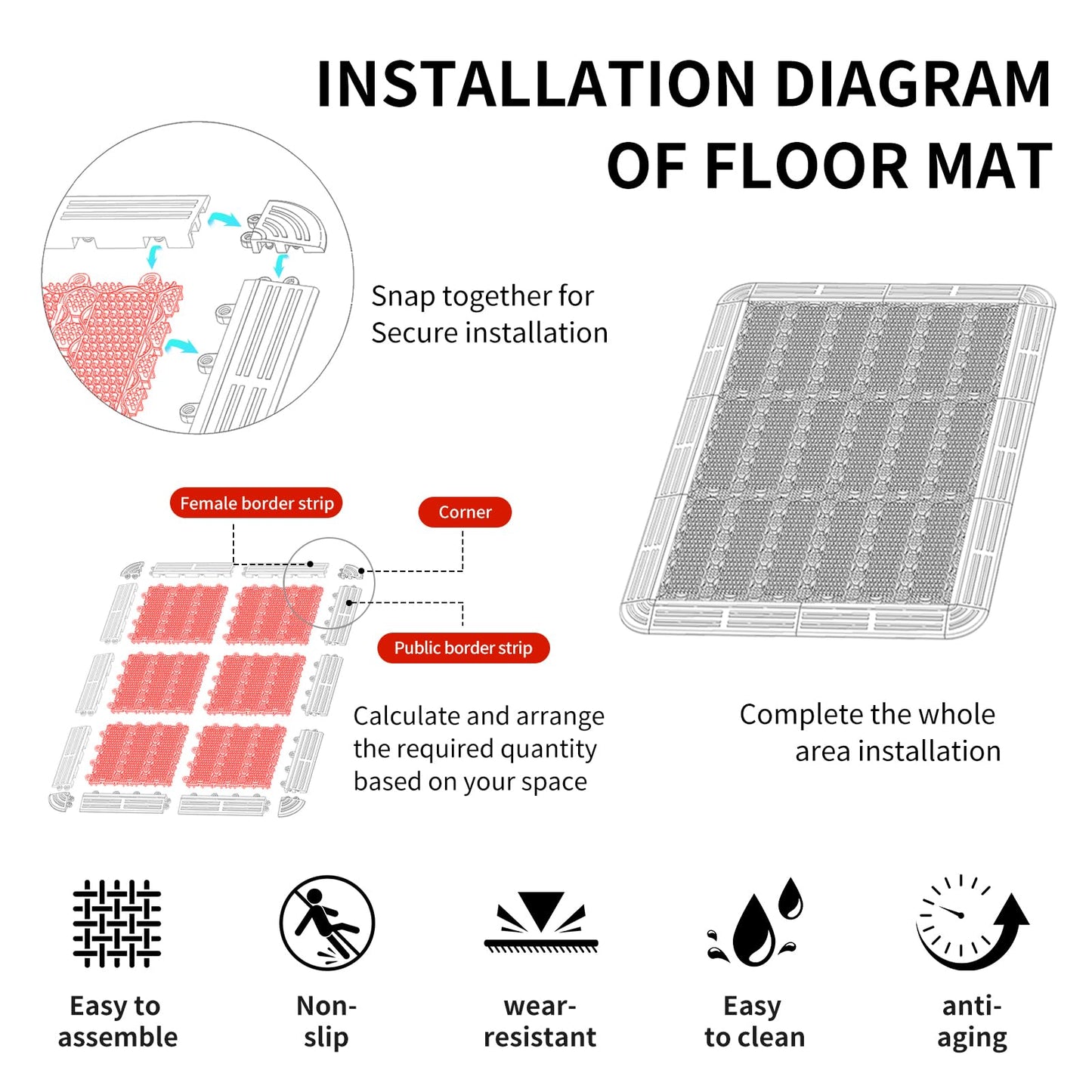 Linoows Heavy Duty Door Mat - DIY Interlocking Design, Dirt Trapper Front Doormat, 27.5x19.7 Inch All-Season Welcome Door Mats Non-Slip for Indoor Outdoor Entrance Home Commercial, Black & Red
