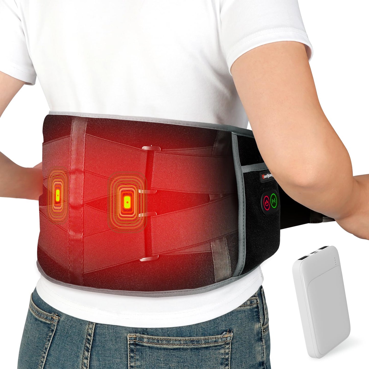Comfytemp Cordless Heating Pad with Massager for Back Pain Relief, Portable Lower Back Massager Wearable, Birthday Gifts for Dad Mom Men Women Elderly, Rechargeable Period Cramps, 3 Heat Auto-Off, 58"