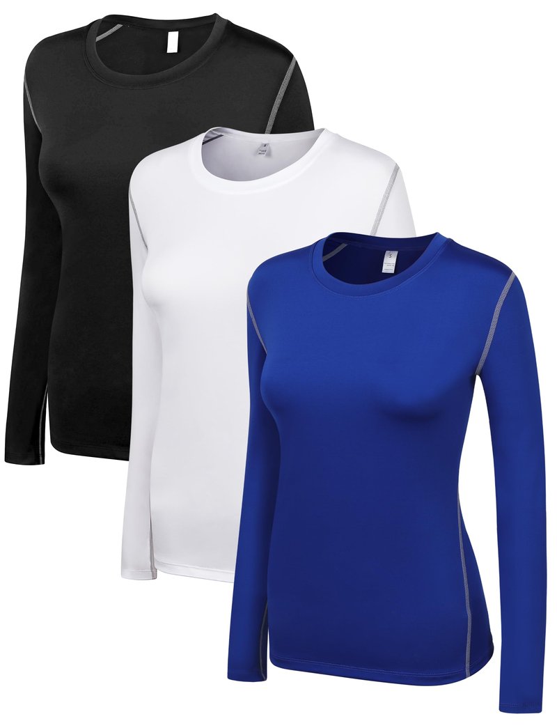 WANAYOU Women's Compression Shirt Dry Fit Long Sleeve Running Athletic T-Shirt Workout Tops Under Scrub Shirts Long Sleeve Sports Base Layer Gym Yoga 3 Pack White Black Blue S