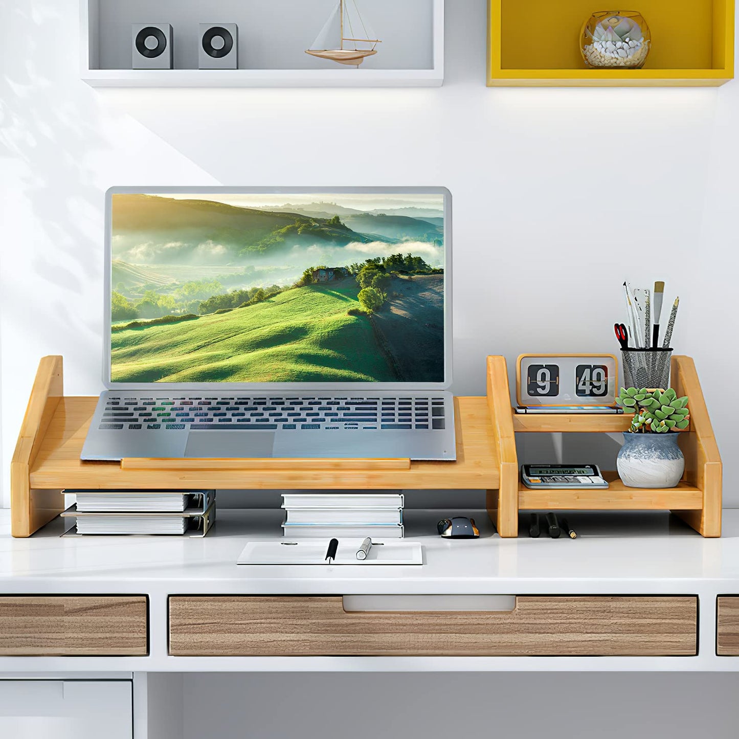 Ufine Bamboo Laptop Stand for Desk 3 Heights Adjustable Notebook Stand Computer Monitor Riser with 2 Tier Storage Shelf, Desktop Organizer Printer Stand for Home Office