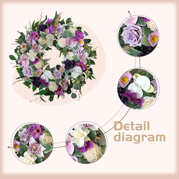 22" Artificial Flower Wreath Spring/Summer Floral Wreaths for Front Door with Roses Orchid Gardenia Dahlia Full and Elegant Decor for Inside Outside Wall Window Festival Party Wedding （White Purple）