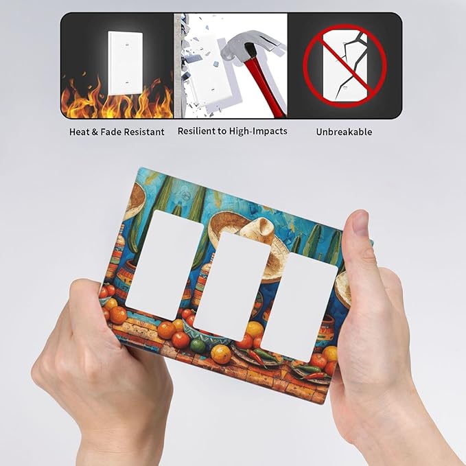 Decorative Art Light Switch Covers Mexican Sombrero & Serape Vibes 3 Gang Triple Rocker Outlet Switch plate GFCI Faceplate GFCI for Home Decor