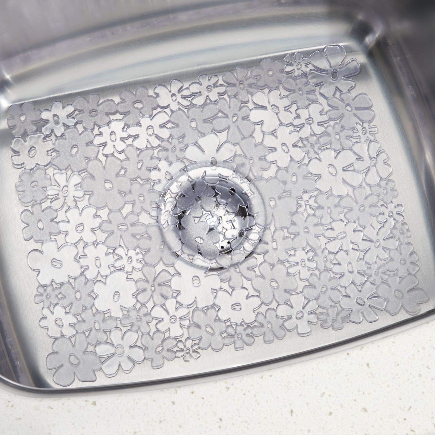iDesign Blumz Floral BPA-Free Flexible PVC Plastic Large Sink Protector Mat - 16" x 12.5", Clear