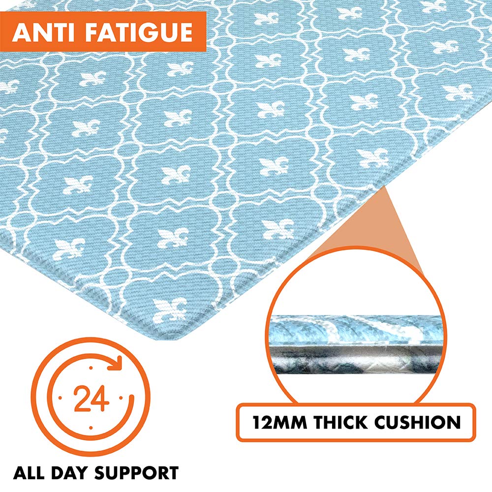 OPUX Anti Fatigue Kitchen Floor Mat, Reversible Cushioned Memory Foam Kitchen Rug Pad, Waterproof Non-Slip Padded Comfort Standing Mat Office Laundry Home, 32x17 (Floral Tile Blue)