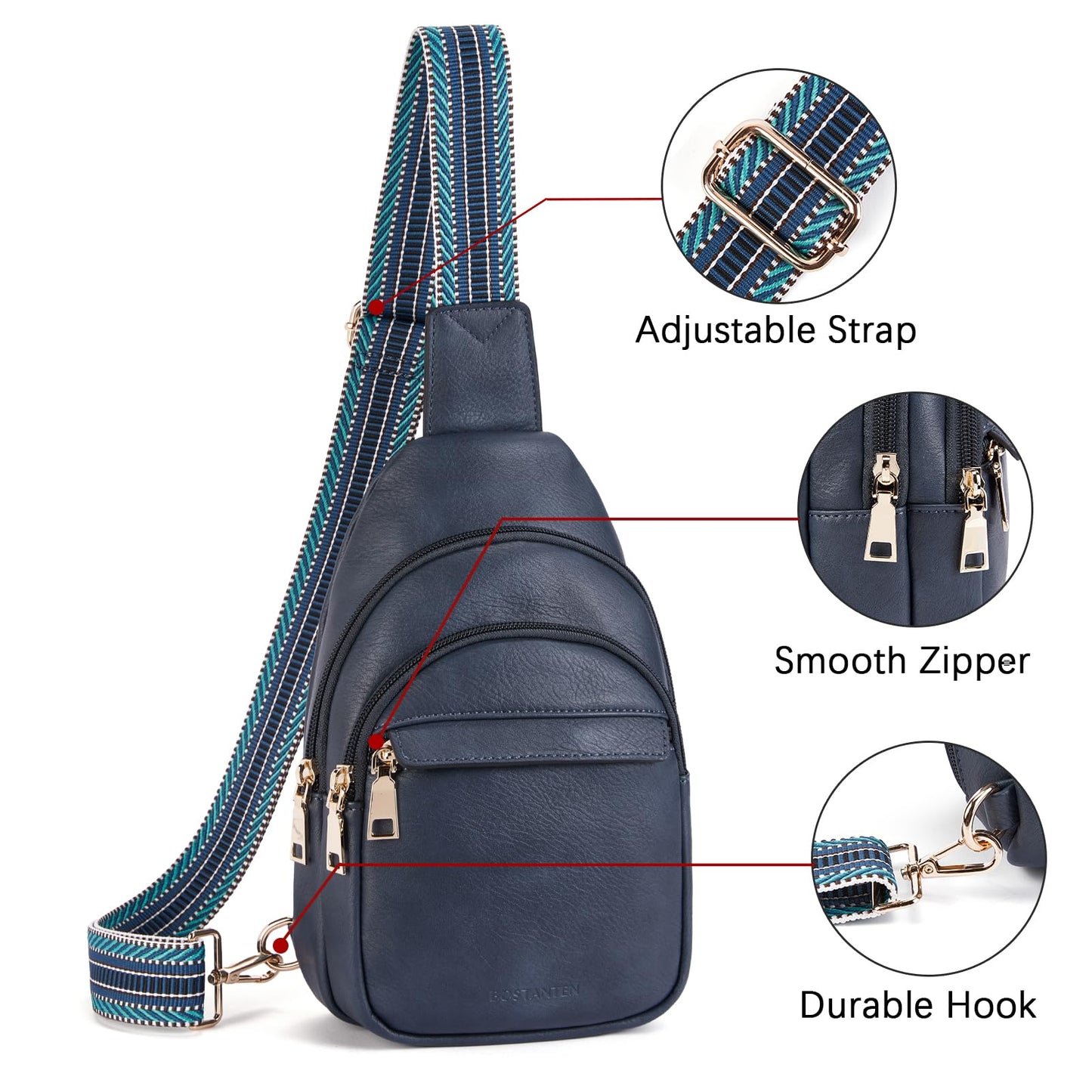 BOSTANTEN Small Sling Bag for Women Leather Crossbody Bags Fanny Pack Chest Bag for Travel, Blue