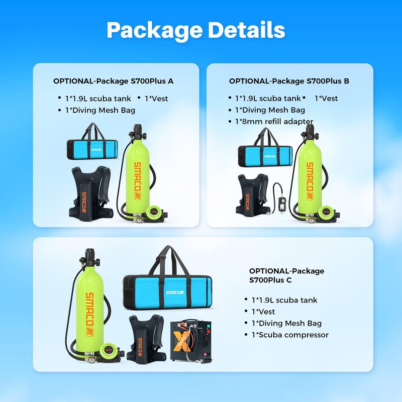 SMACO S700 Plus Mini Scuba Tank 1.9L Portable Diving Tank Reusable Pony Bottle for Underwater Exploration Lung Air Tank Kit Diving Cylinder for Emergency Rescue Boat Cleaning Backup Air Source