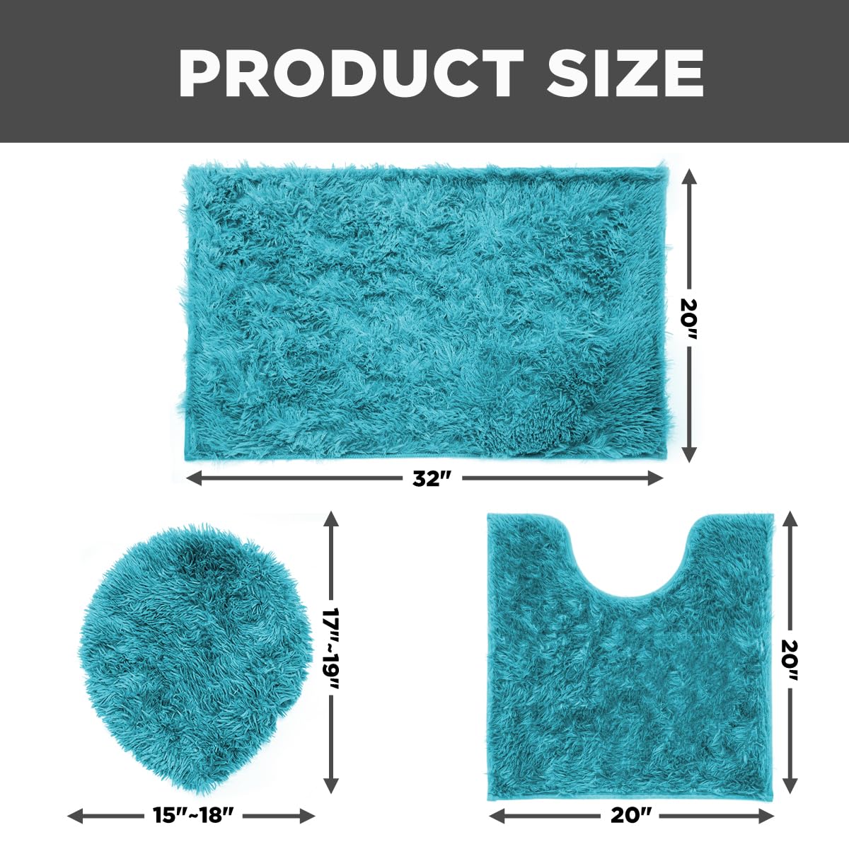 RUN HELIX Shaggy Bathroom Rugs Sets 3Piece Bath Mat for Bathrom Non-Slip Bathrom Mats Water Absorbent Bath Rug Floor Mats Soft Washable Shower Rug with U-Shaped Contour Rug Toilet Lid Cover Teal