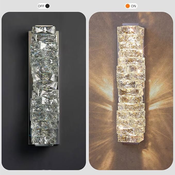 Modern Silver Crystal Wall Sconce, Adjustable Color Temperature LED Glass Wall Light, Luxurious Indoor Wall Mount Light Fixture for Bedroom Living Room Corridor Entrance Lighting