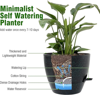 10 inch Self Watering Pots, Planter, Plant Pots with Mesh Drainage Holes for Indoor Outdoor House Plants and Garden, 2 Pack Plastic Flower Pots with Reservoir, Black with Green Speckles