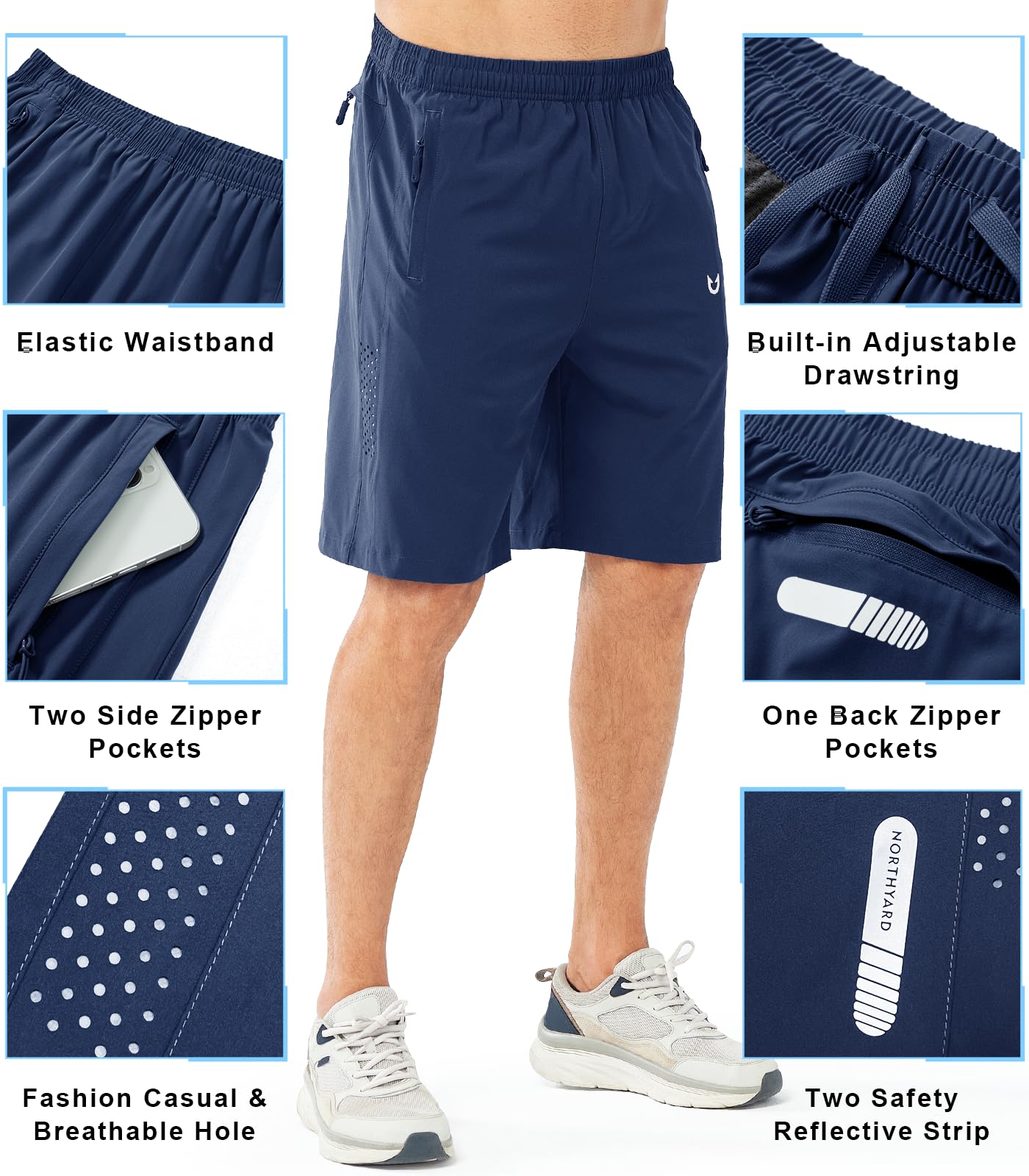 NORTHYARD Men's Athletic Running Shorts Gym Workout 7"/9"/5" Quick Dry Lightweight Sports Basketball Tennis 3 Zipper Pockets DARKBLUE-9inch M