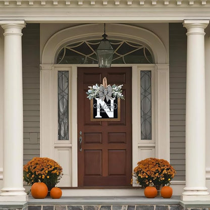 Ultra Large 14'' Last Name All Year Round Front Door Wreath with 26 Initial Letter Welcome Sign All Seasons Eucalyptus Garland and Bow Wreaths for Front Door Porch Farmhouse Decoration (N)