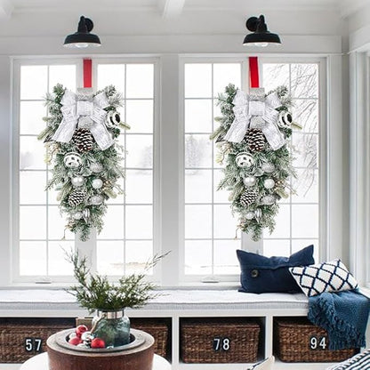 30" Christmas Teardrop Swag for Front Door Artificial Winter Swag Garland with Pine Cones, Berry Clusters, White Ball Ornaments and Ribbons for Thanksgiving Holiday Christmas Decoration
