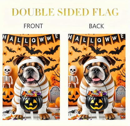 Halloween Dog Garden Flag12x18 Double Sided Vertical Flag Mummy Bulldog Garden Flag for Outside Fall Halloween Decorative Flag Halloween Seasonal Holiday Yard Patio Garden Banner