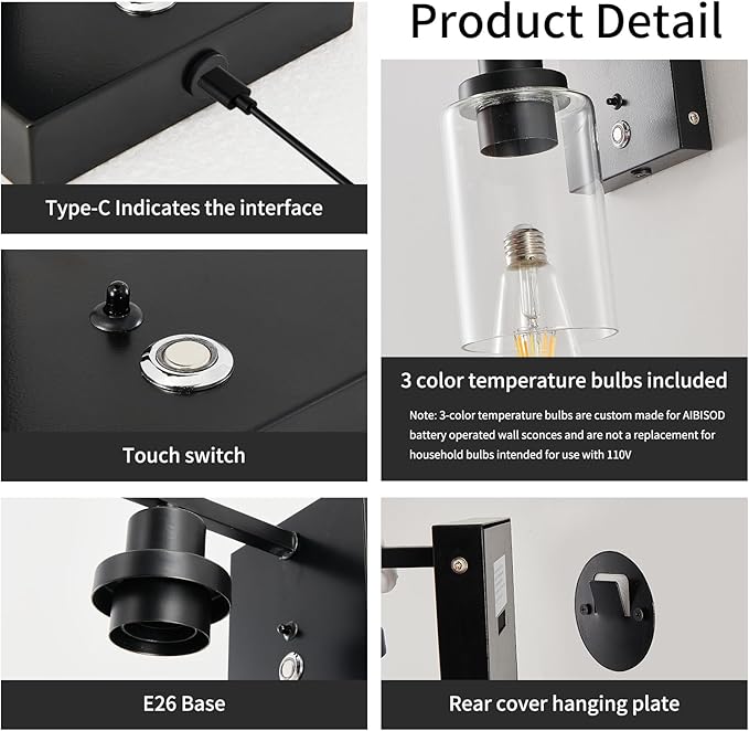 Dimmable Battery Operated Wall Sconce Set of 2 Black with 3-Color Temperature Bulb, 10000mAh Rechargeable Wireless Wall Sconces Set of Two with Remote Control Wall Light for Bedroom, Hallway