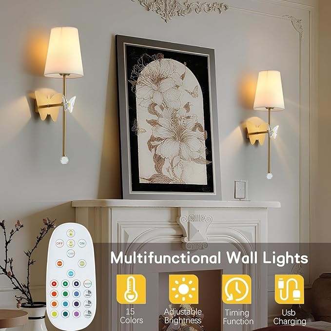 Battery Operated Wall Sconces Set of 2,Rechargeable Wall Lights with Butterfly Crystal Decorative Sconces,Cordless Battery Sconce Indoor Wall Lamps for Bedroom Living Room Hallway Stairs Gold