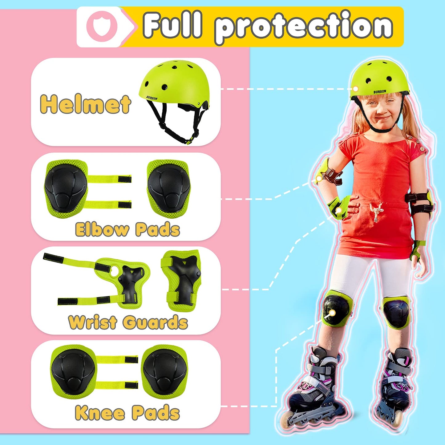 BURSUN Kids Bike Helmet Set Toddler Helmet Kids Helmet Adjustable for Ages 2-3-5-8-14 with Knee Elbow Wrist Pads, Multi-Sport Protective Gear for Cycling Skateboard Scooter Skating Boys Girls