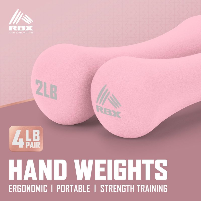 RBX Hand Weights, Neoprene Hand Weights for Home Workouts, Cardio & Strength Training, Home Gym Equipment (Light Pink, 4LB (2lb each))