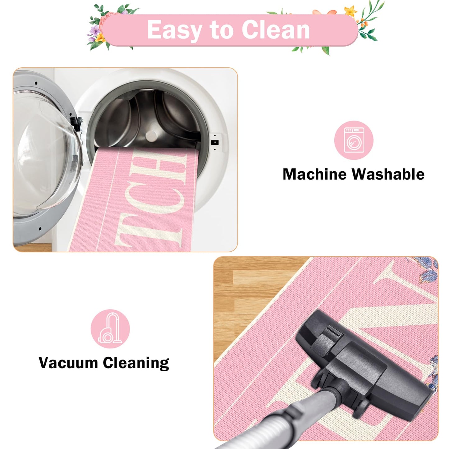 PCSWEET HOME Pink Floral Kitchen Rugs Mats for Floor 3PCS, Farmhouse Non Slip Kitchen Rug Runner, Washable Non Skid Kitchen Rugs, Comfort Standing Mat for Laundry, Desk, Bar, Office