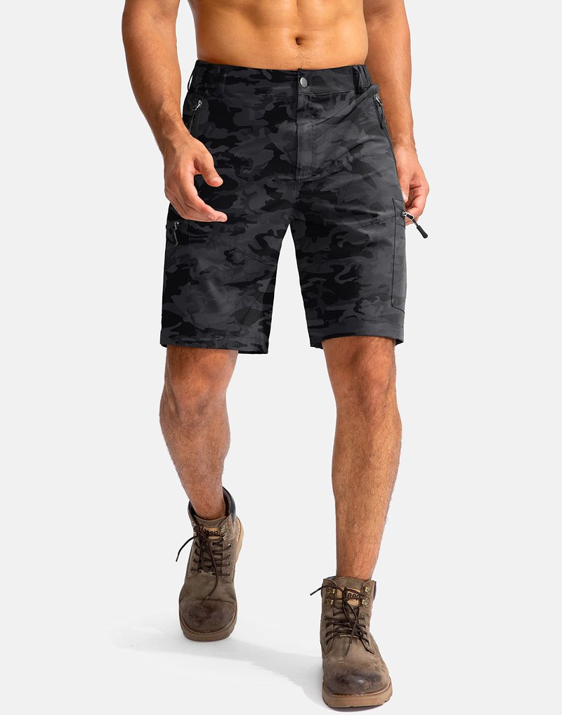 Pudolla Men's Hiking Cargo Shorts 9" Lightweight Outdoor Work Shorts for Men Travel Golf Camping Casual with 5 Zipper Pockets(Black Camo X-Large)
