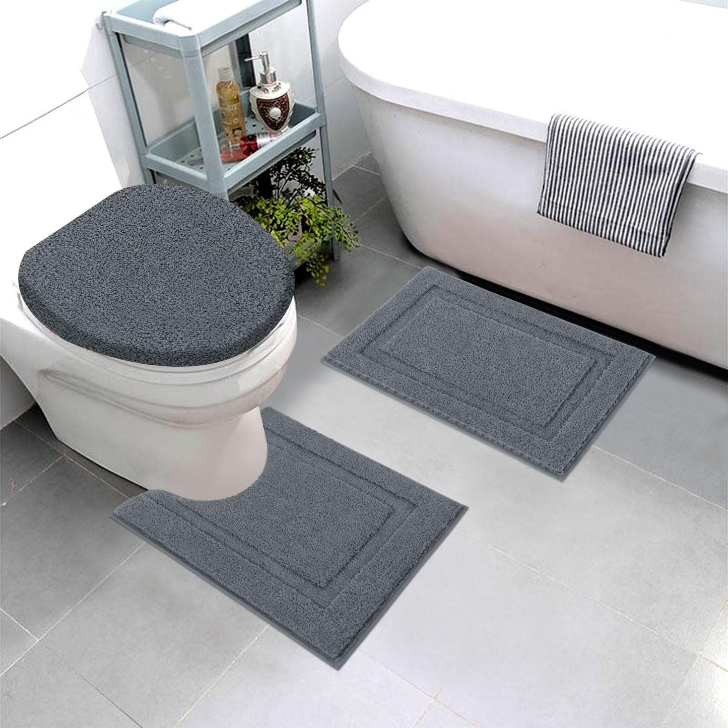 SHACOS Bathroom Rugs Sets 3 Piece with Toilet Lid Cover, 16"x24"Bath Mat and 20"x24" U-Shape Contoured Toilet Mat Machine Washable Shaggy Absorbent Bath Rugs(Dark Grey)