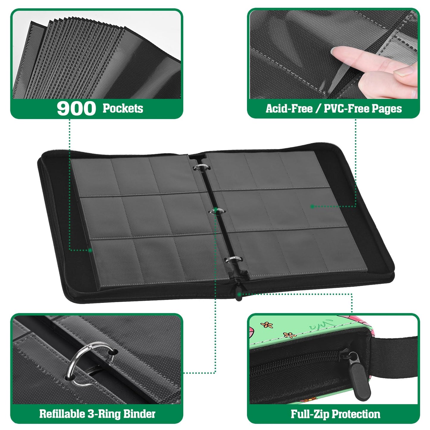 UGYAZX Cute Frog & Mushroom 9-Pocket Trading Card Binder Album, 900 Card Zipper Binder with 50 Removable Sleeves, Refillable 3-Ring Card Book for MTG, TCG and Sports Cards, Fits 2.5" x 3.5" Cards