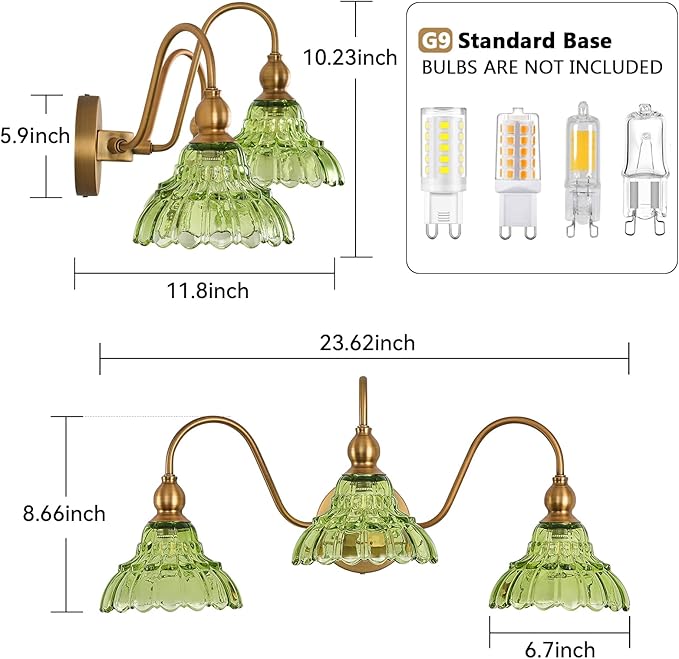 Vintage Bathroom Vanity Light 3-Light Bedroom Vanity Lighting Fixtures Green Wall Sconces for Living Room Hallway Dining Room Kitchen