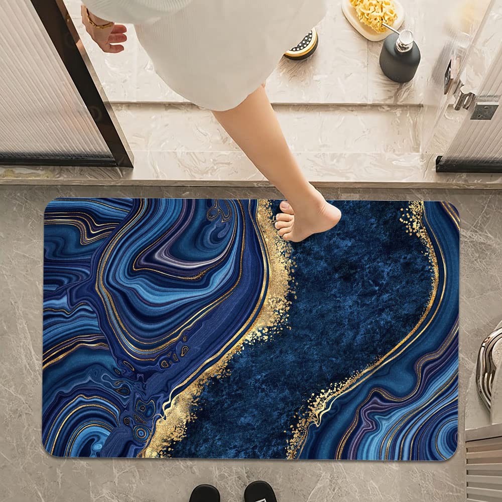 ZHUZHISHAN Bath Mat Rug,Dark Blue Gold Marble Non Slip Quick Dry Super Absorbent Thin Bathroom Rugs Fit Under Door-Easy to Clean Bathroom Floor Mats-Shower Rug for Shower Sink Bathtub(16" x 24"in)