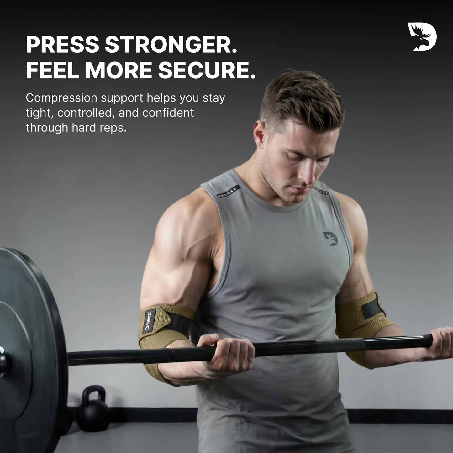 DMoose Fitness Elbow Wraps for Weightlifting (Pair) - 40'' Adjustable Elbow Strap for Gym Workout, Bench Press & Powerlifting - Compression Wraps for Tendonitis & Joint Support (Tan)