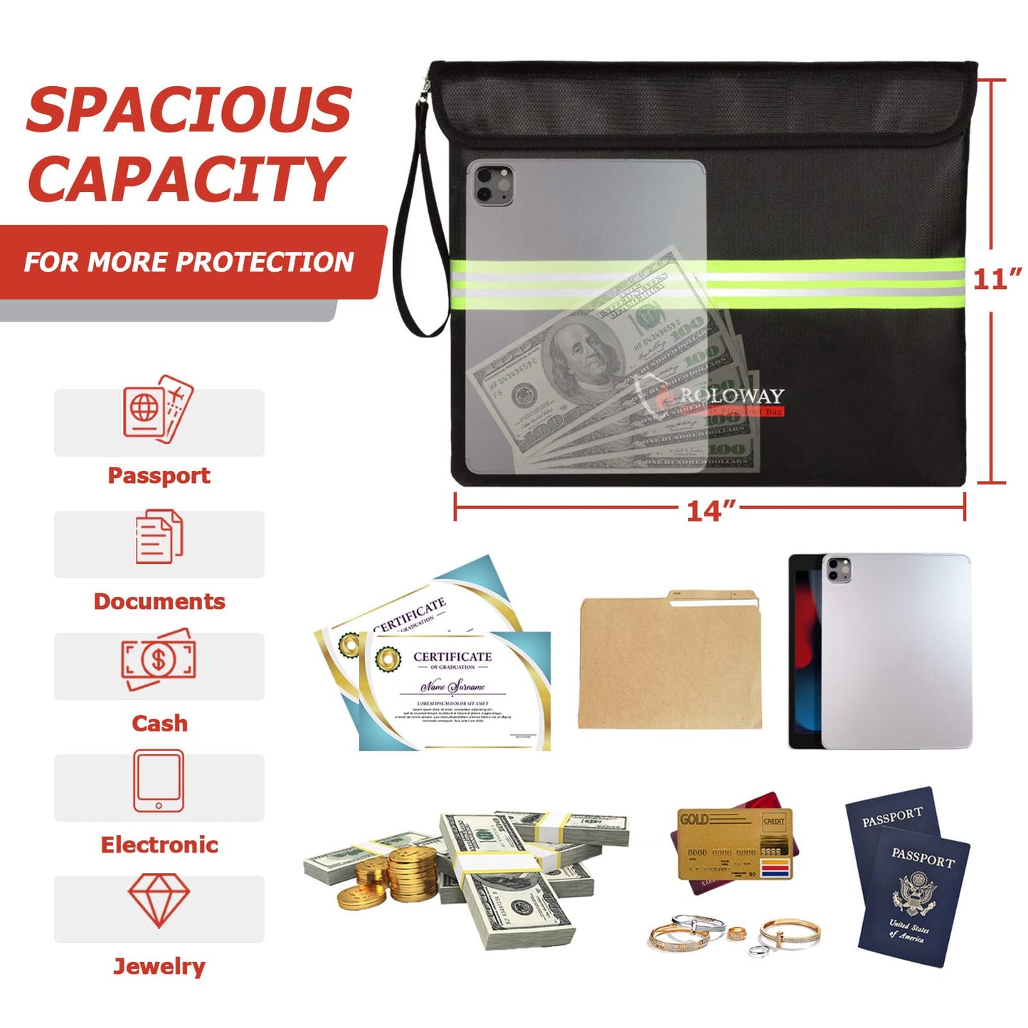 ROLOWAY Fireproof Document Bag (14 x 11 inch) with 5200℉ Upgraded Aluminum Foil Layer, Fireproof Bag for Documents with Reflective Strip and Zipper (Black)