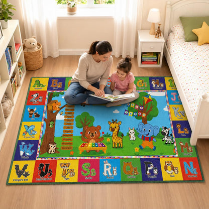 Upgrade Ultra Non Slip ABC Rugs for Kids Playroom, 4x7 Washable Alphabet Floor Play Mat for Toddlers Baby, Educational Learning Baby Carpet with Animals for Nursery, Classroom & Bedroom, 48"x80"