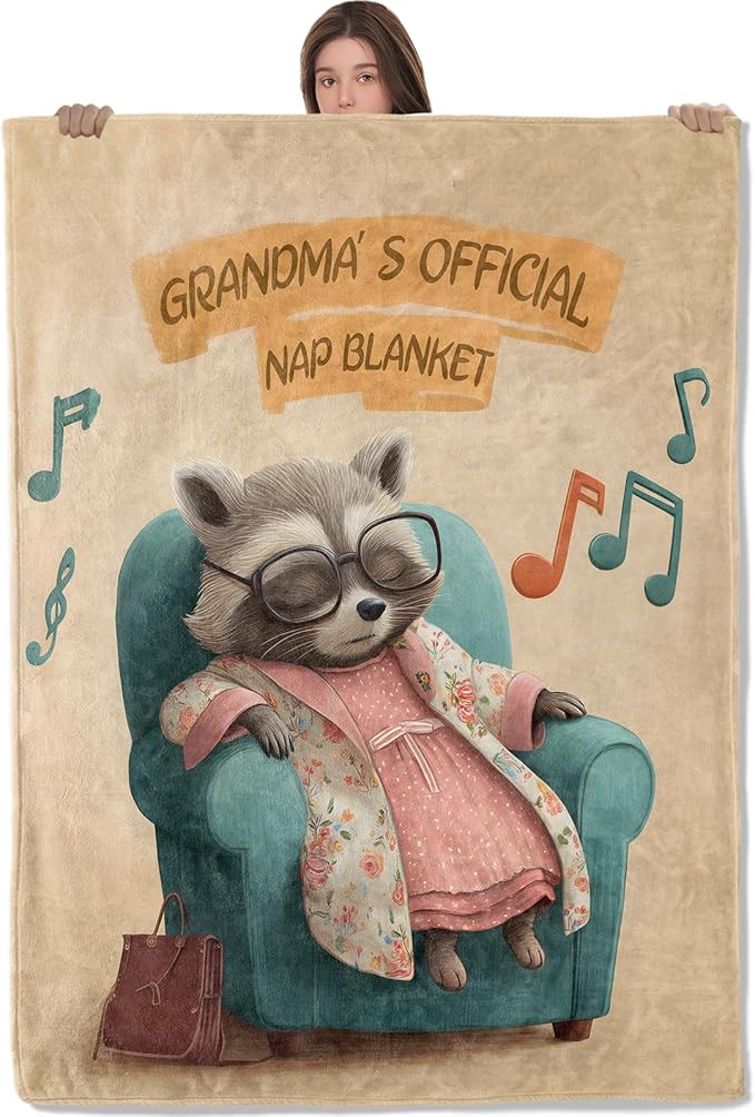 Cute Raccoon Lightweight Throw Blanket, Retro Cartoon Nap Animal with Music Note, Warm Soft Cozy Flannel Blankets, Couch Dorm Home Decor All Season Use, 80x60in, Beige, Gifts for Grandma