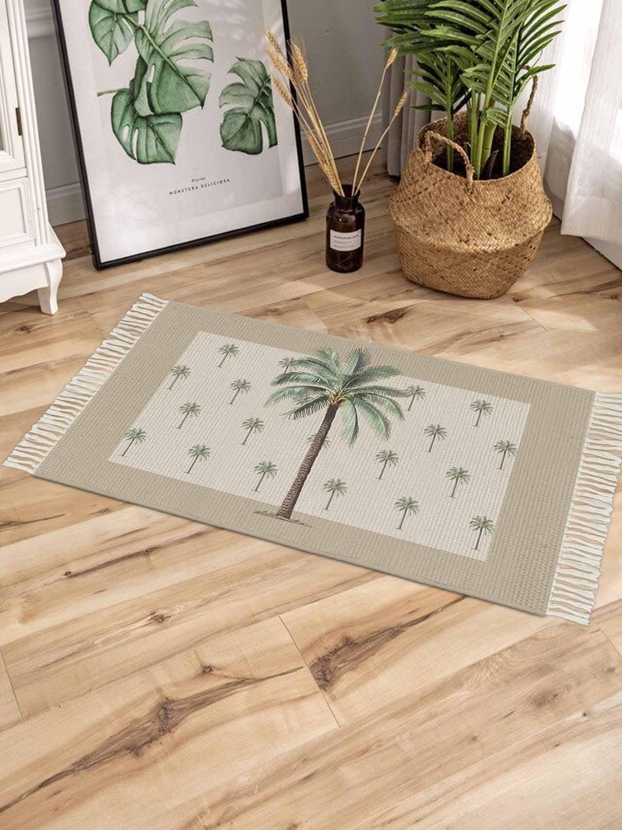 Tropical Palm Tree Entryway Rug 2X3 Ft Bathroom Mat, Washable Woven Brown Summer Beach Plant Throw Carpet with Tassel, Non-Shedding Farmhouse Retro Green Botanical Indoor Outdoor Kitchen Doormats