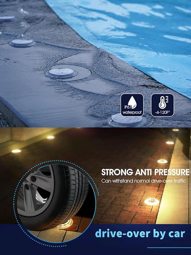 Solar Dock Lights, Super Bright Disc LED Outdoor Waterproof, Anti-Slip & Anti-Trip Flat Low Profile for Marine, Deck, Ground, Pool, Pier, Pathway, Step (Warm White, 6Pack)