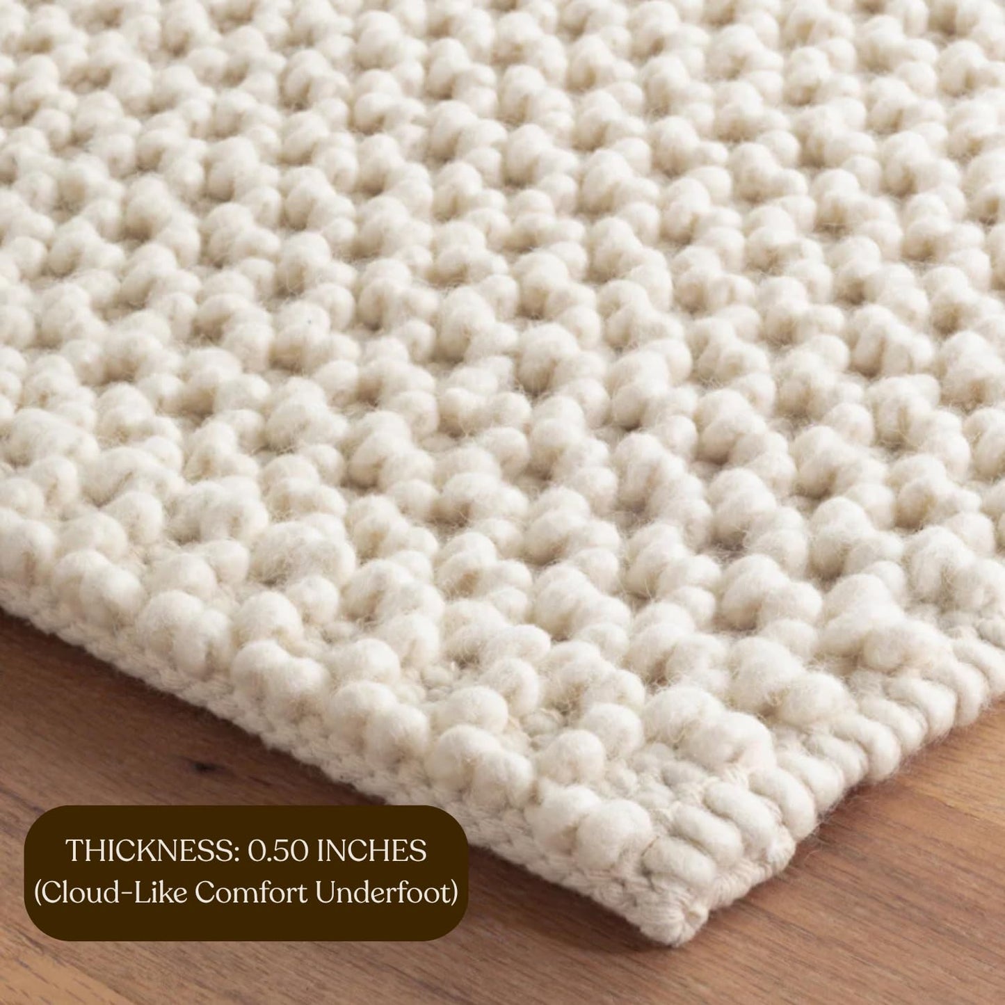 The Knitted Co. Wool Area Rug - Handmade Natural Wool Carpet Rug, Textured Design, Handwoven Ivory Rug - Suitable for Hallway, Bedroom, Dining Room (Ivory- 3'x5')