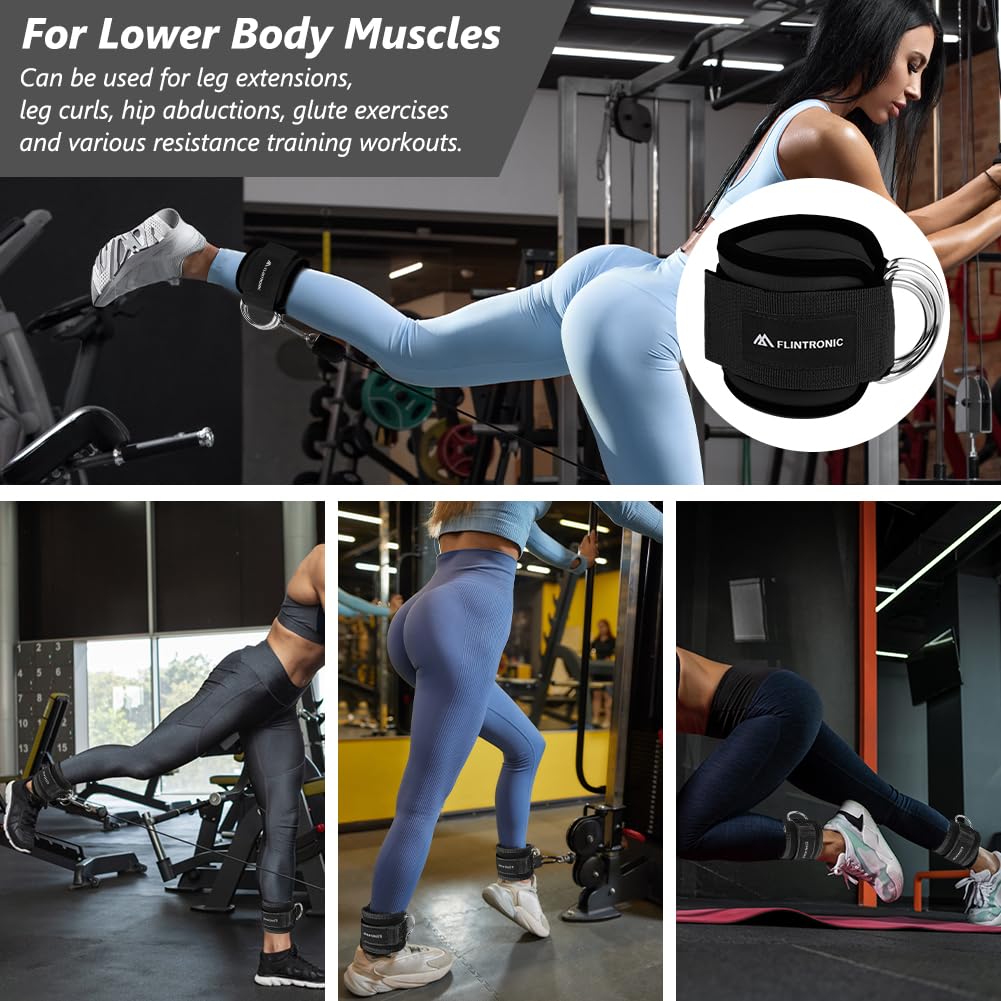 flintronic 2Pcs Ankle Straps for Cable Machine, Gym Cuffs with Double Stainless Steel D-Ring, Gym Ankle Cuff with Adjustable Neoprene Ve-lcro, Muscle Shaping for Men and Women - Black